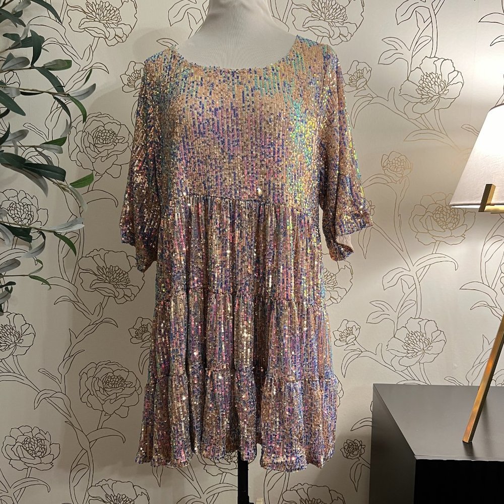 Sequin Babydoll Mini Dress Cocktail Party New L LARGE - Picture 2 of 4
